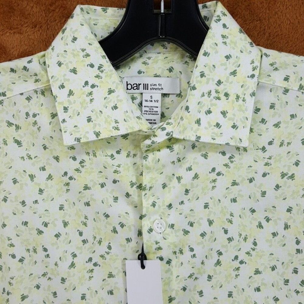 BAR III Dress Shirt Mens Size 14 14.5 Yellow White Green Geo Slim Stretch Untuck